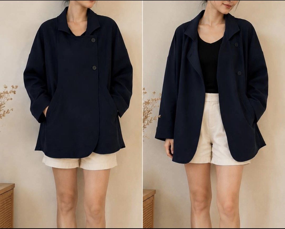 Zara Trafaluc Navy Blue Asymmetrical Button Jacket Size S (Category: Coats, Jackets and Outerwear) located in Las Pinas. Submitted by mari.santos. (Listing ID 1461293452, Image 3). Description: - Zara navy blue jacket - Asymmetrical front button closure - Two button details - Functional pockets - Versatile for layering, wear open or closed - Made in Turkey.