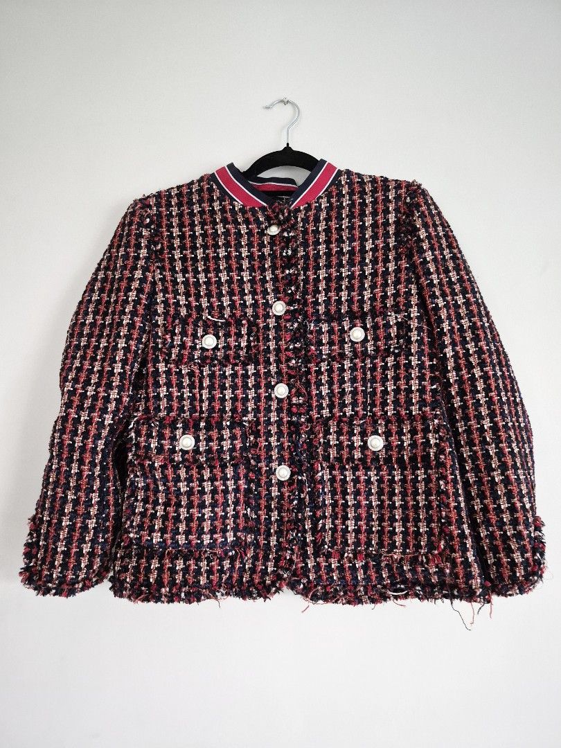 Zara Tweed Bomber Jacket with Pearl Buttons (Category: Coats, Jackets and Outerwear) located in Manila. Submitted by unknowncloset (Listing ID 1461215957, Image 1). Description: - Stylish tweed bomber jacket - Red, navy, and white woven threads - Striped collar detail - Four front pockets with pearl button closures - Frayed hemline - Versatile for casual or night out looks.