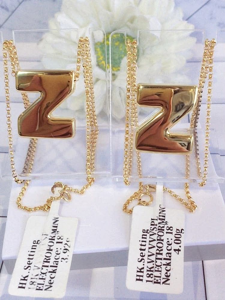 18k Hk setting gold electroform initial necklace (Category: Necklaces) located in Manila. Submitted by bhelgoldseller2ndaccount (Listing ID 1461506784, Image 3). Description: New!!✨New!!✨New!! Authentic 18k Hk Golds 💯pawnable/naisasanla 💯with high appraisal rate 💯good investment 💯Direct supplier price 👉OPEN for resellers 🌺please take time to evaluate their actual sizes and grams 👉Best panggift for all occasions ✅ Sold per grams not per pie