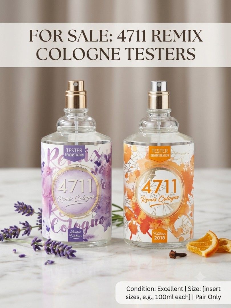 4711 Remix Cologne Testers - Limited Edition (Category: Fragrance & Deodorants) located in Bulacan. Submitted by ditchandswitch (Listing ID 1461446723, Image 1). Description: - Selling a pair of 4711 Remix Cologne testers. - Includes: Limited Edition & Edition 2018. - Each bottle is 100ml. - Ideal for collectors or to sample unique fragrances. - Tester bottles. Bundlr price: 2 for Php 900.