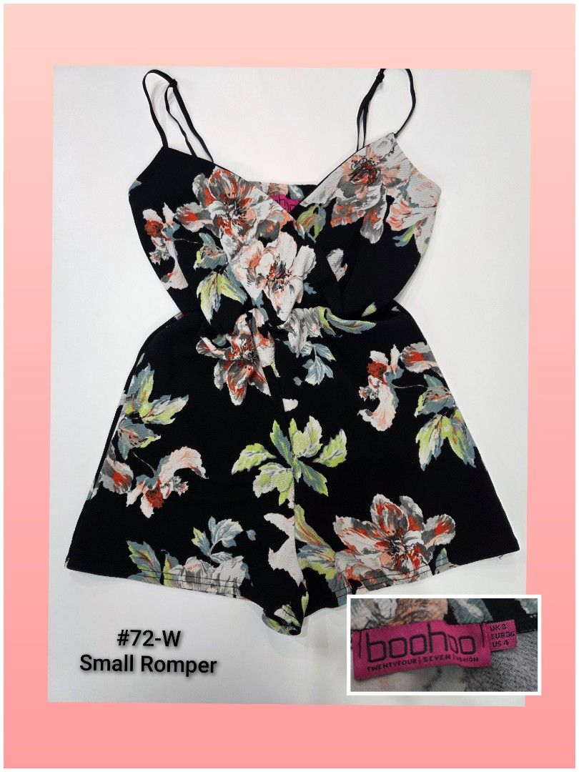 #72-W Black Floral Spaghetti Romper - Small (Category: Rompers) located in Pasig City. Submitted by mfs02015 (Listing ID 1461516389, Image 1). Description: Hello. Thank you for your interest. Product details are in the photos posted. Buyers shoulder shipping fee via J&T or Lalamove. Purchase Via Orange app can be arranged Pick up : Megaplaza, AdB Avenue Ortigas Pasig Payment option : Bpi, Bdo, Metrobank or Gcash.