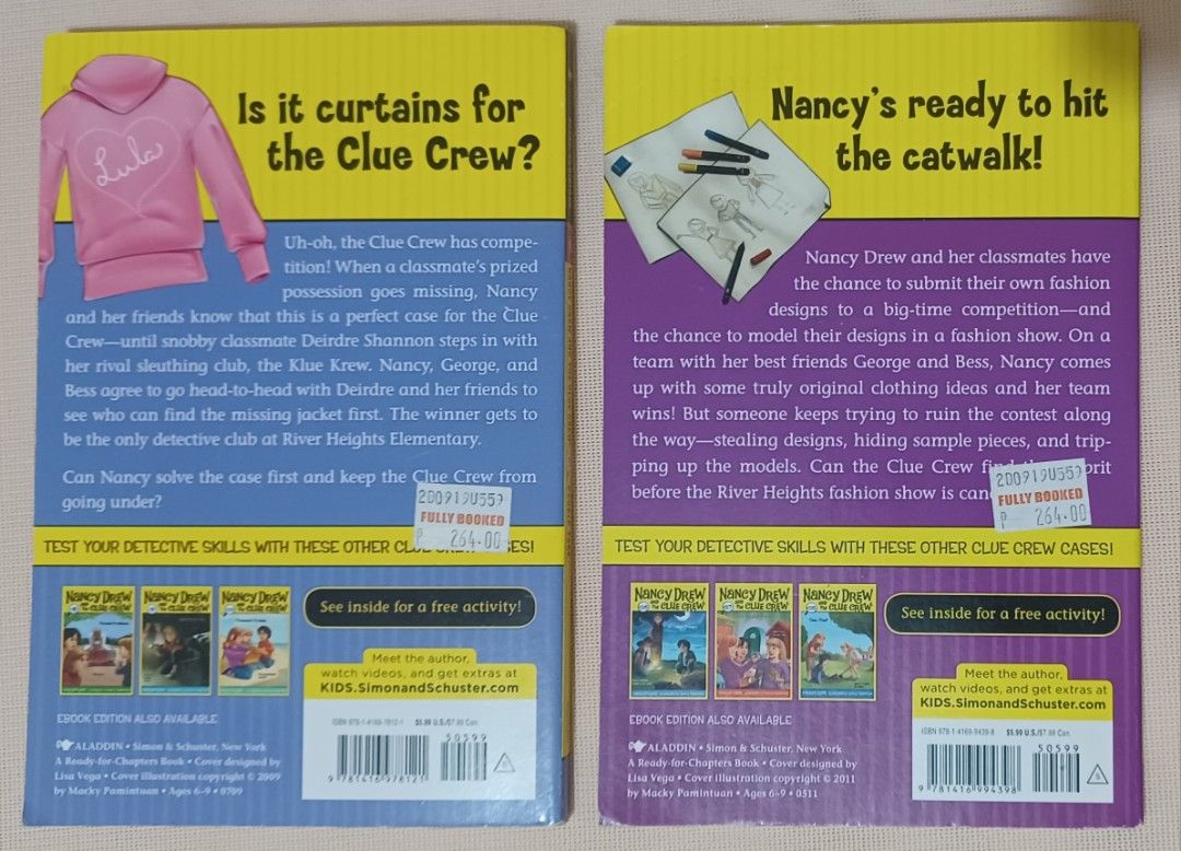 📕 Nancy Drew and the Clue Crew — 2-Book Bundle (Category: Children's Books) located in Quezon City. Submitted by wjmae (Listing ID 1461559590, Image 2). Description: Author: Carolyn Keene • Illustrated by Macky Pamintuan Publisher: Aladdin / Simon & Schuster Target age: 6–9 years Original price: ₱264 each 📖 Titles Included: 1. #21 — Double Take ​ - A prized possession goes missing at school! Nancy & the Clue Crew race against rival sleuth Deird