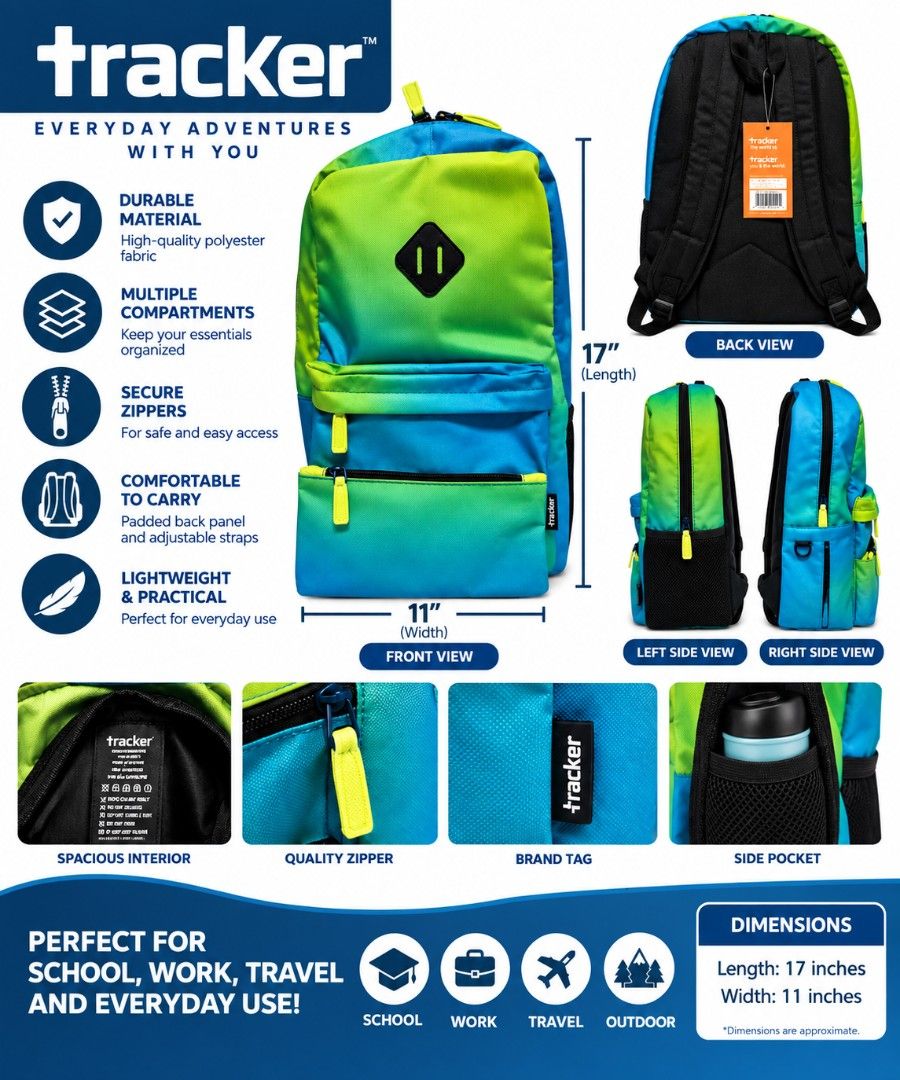 🎒 Tracker Backpack (Category: Backpacks) located in Antipolo. Submitted by y3cfrozenfoods (Listing ID 1461324481, Image 1). Description: ✔️Brand: Tracker ✔️Color: Blue, Green & Lime Green ✔️Material: Durable polyester fabric ✔️Design: Stylish and sporty color-block design ✔️Storage: Multiple compartments and front pockets ✔️Closure: Secure zippered compartments ✔️Side Pockets: Convenient side pockets for easy access ✔️Back: Padded/mesh-style bac