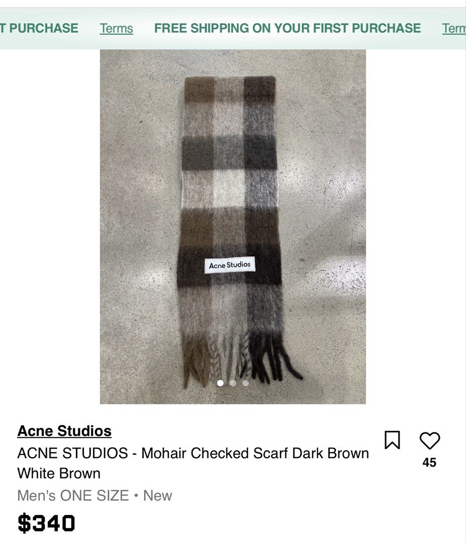 Acne Studios Scarf (Category: Luxury Accessories) located in Manila. Submitted by tindero-ng-damit (Listing ID 1461514040, Image 2). Description: Name: Acne Studios Mohair Check Scarf Color: Choco Brown No issues - flawless Complete tags 🏷️.