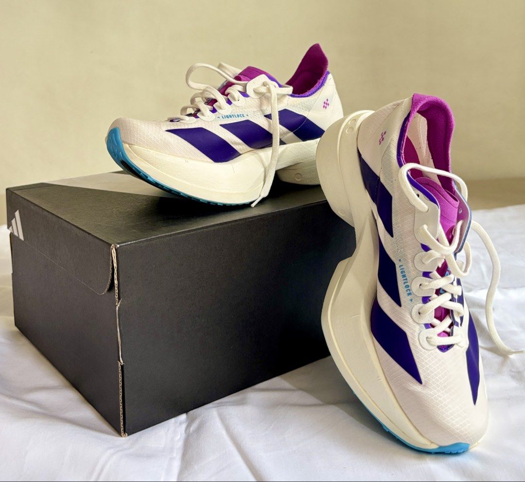 Adidas Adizero Adios Pro 4 (Category: Sneakers) located in Caloocan City. Submitted by liveflower_016991 (Listing ID 1461482638, Image 2). Description: Adidas Adios Pro 4 W Core White / Collegiate Purple / Semi Blue E Size: US 5 UK 3.5 Brand new and original ❌ SRP: PHP 13,000 ✅ Now: PHP 5,000 + SF.