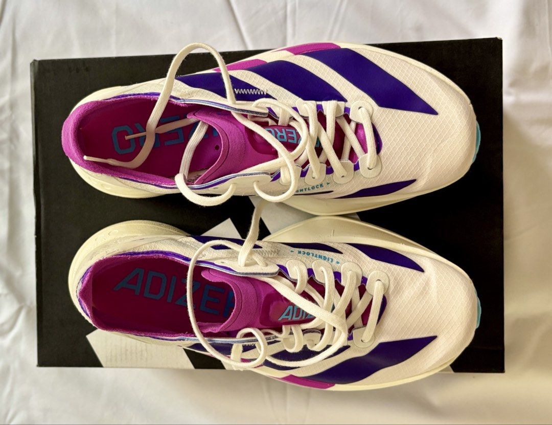 Adidas Adizero Adios Pro 4 (Category: Sneakers) located in Caloocan City. Submitted by liveflower_016991 (Listing ID 1461482638, Image 3). Description: Adidas Adios Pro 4 W Core White / Collegiate Purple / Semi Blue E Size: US 5 UK 3.5 Brand new and original ❌ SRP: PHP 13,000 ✅ Now: PHP 5,000 + SF.