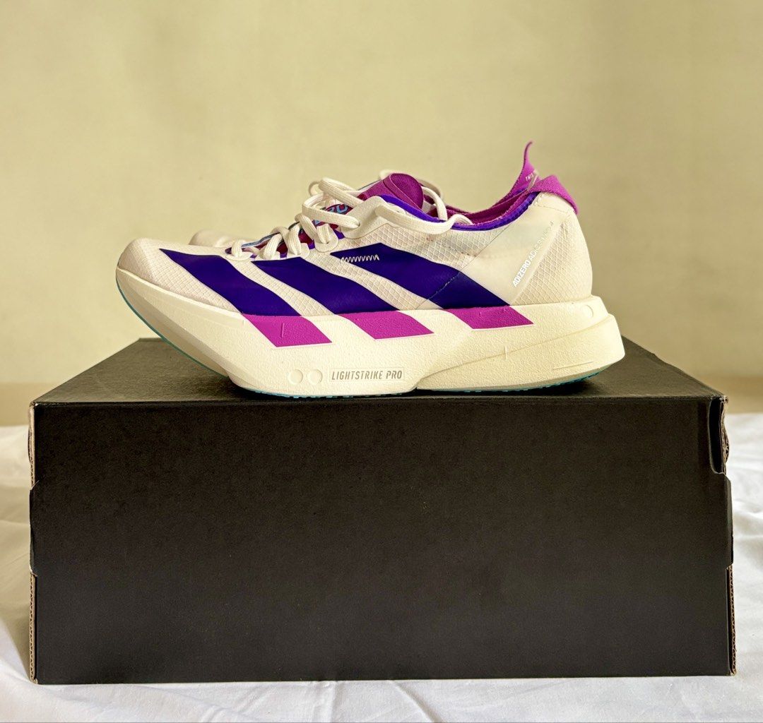 Adidas Adizero Adios Pro 4 (Category: Sneakers) located in Caloocan City. Submitted by liveflower_016991 (Listing ID 1461482638, Image 1). Description: Adidas Adios Pro 4 W Core White / Collegiate Purple / Semi Blue E Size: US 5 UK 3.5 Brand new and original ❌ SRP: PHP 13,000 ✅ Now: PHP 5,000 + SF.