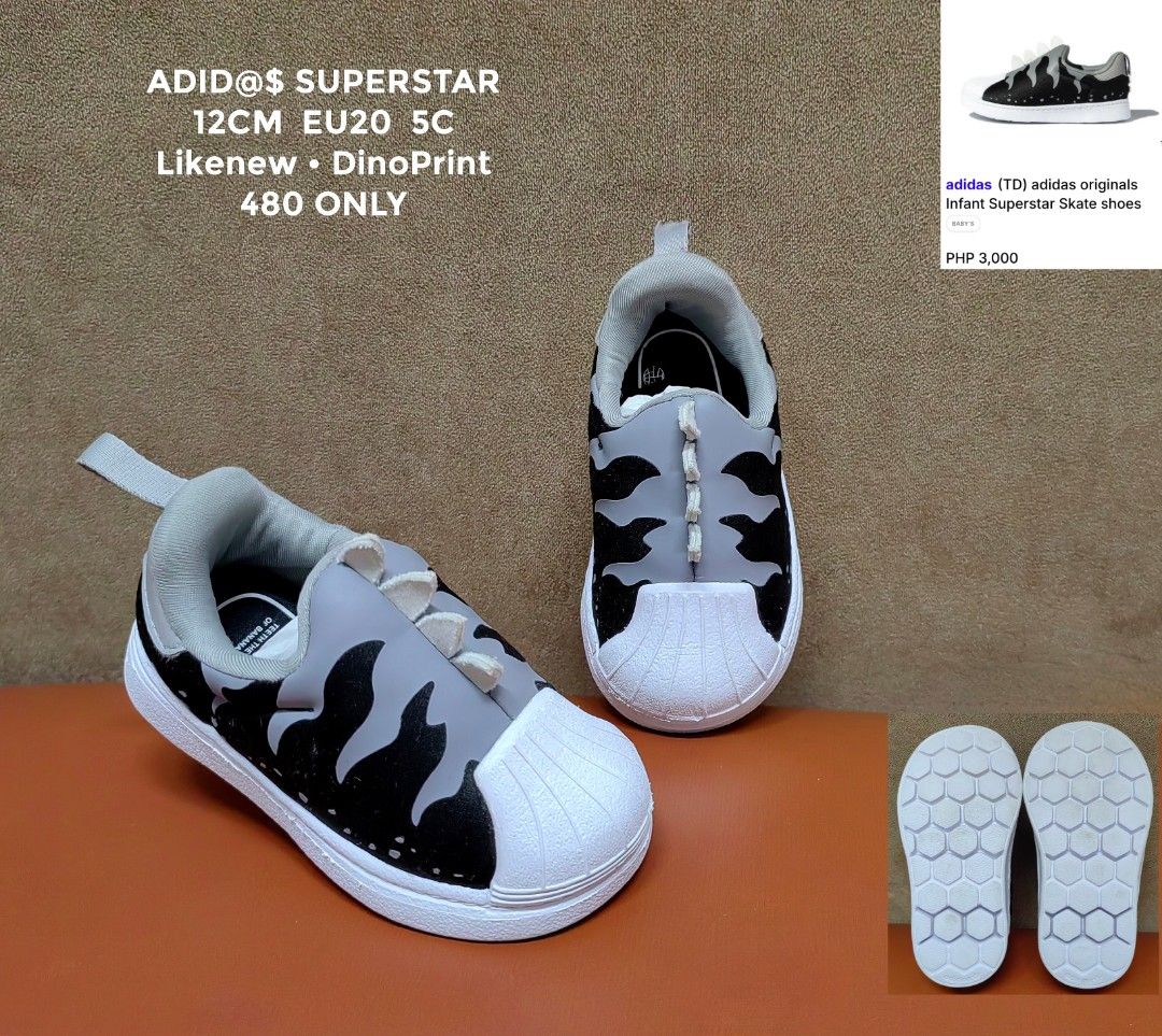 ADIDAS SUPERSTAR DINO PRINT (Category: Babies & Kids Fashion) located in Cebu City. Submitted by shopwithshee (Listing ID 1461359396, Image 1). Description: Hi🖐 Welcome to my shop! All items are guaranteed 💯 orig. All Br@nded preloved items with ff conditions; Likenew ( LN), Excellent Used condition ( EUC), Very good condition (VGUC) Kindly refer Details in the pic. Dont hesitate to dm for more pics and angle you want to see. I will be happy to