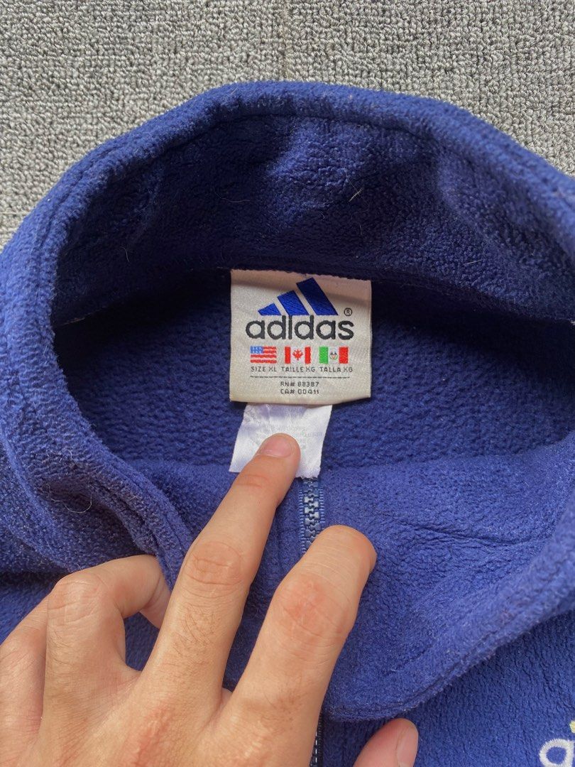 adidas vintage cotton halfzip jacket (Category: Coats, Jackets and Outerwear) located in Manila. Submitted by saione (Listing ID 1461335389, Image 3). Description: Vintage adidas halfzip navy blue sweatshirt 26x29 Xl on tags 9/10 color rate excellent condition issue: black point .