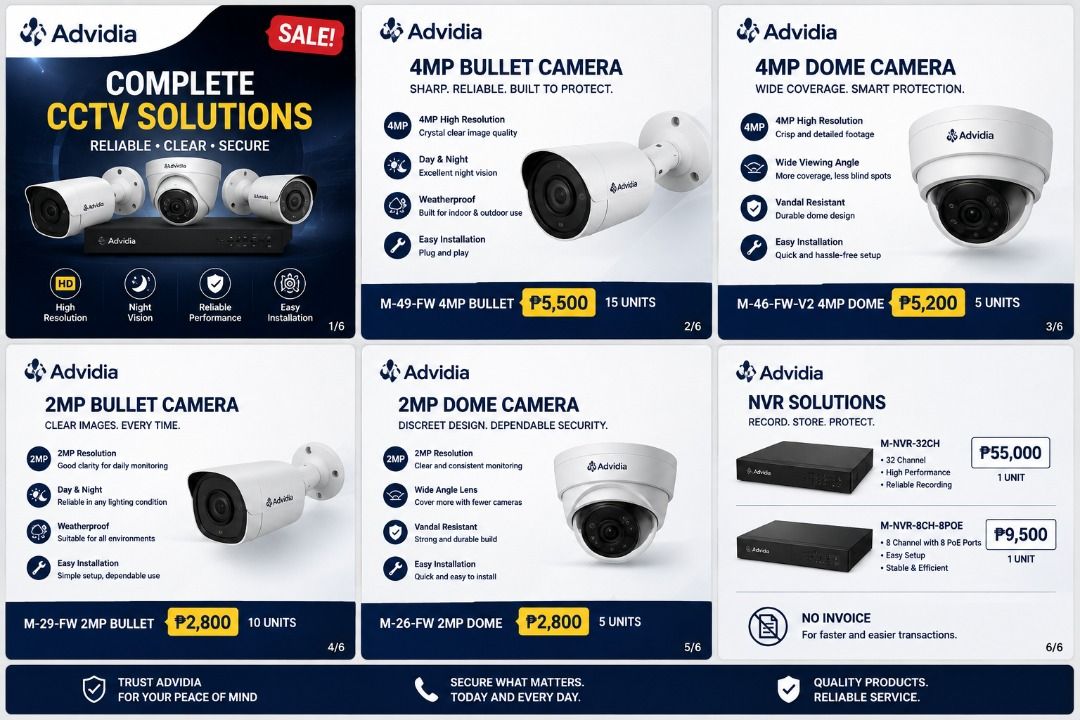 Advidia Complete CCTV Solutions - Bullet & Dome Cameras, NVR (Category: Security Systems & CCTV Cameras) located in Pasig City. Submitted by owenmaye30 (Listing ID 1461466609, Image 1). Description: Available Models: • M-49-FW 4MP Bullet – ₱5,500 | 15 units • M-46-FW-V2 4MP Dome – ₱5,200 | 5 units • M-29-FW 2MP Bullet – ₱2,800 | 10 units • M-26-FW 2MP Dome – ₱2,800 | 5 units • M-NVR-32CH – ₱55,000 | 1 unit • M-NVR-8CH-8POE – ₱9,500 | 1 unit ⚠️ LI