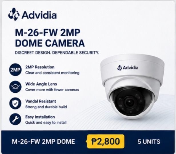 Advidia Complete CCTV Solutions - Bullet & Dome Cameras, NVR (Category: Security Systems & CCTV Cameras) located in Pasig City. Submitted by owenmaye30 (Listing ID 1461466609, Image 2). Description: Available Models: • M-49-FW 4MP Bullet – ₱5,500 | 15 units • M-46-FW-V2 4MP Dome – ₱5,200 | 5 units • M-29-FW 2MP Bullet – ₱2,800 | 10 units • M-26-FW 2MP Dome – ₱2,800 | 5 units • M-NVR-32CH – ₱55,000 | 1 unit • M-NVR-8CH-8POE – ₱9,500 | 1 unit ⚠️ LI