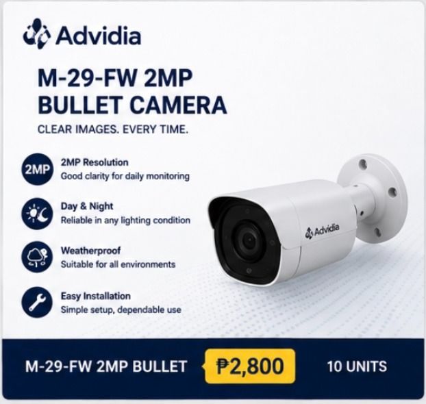Advidia Complete CCTV Solutions - Bullet & Dome Cameras, NVR (Category: Security Systems & CCTV Cameras) located in Pasig City. Submitted by owenmaye30 (Listing ID 1461466609, Image 3). Description: Available Models: • M-49-FW 4MP Bullet – ₱5,500 | 15 units • M-46-FW-V2 4MP Dome – ₱5,200 | 5 units • M-29-FW 2MP Bullet – ₱2,800 | 10 units • M-26-FW 2MP Dome – ₱2,800 | 5 units • M-NVR-32CH – ₱55,000 | 1 unit • M-NVR-8CH-8POE – ₱9,500 | 1 unit ⚠️ LI