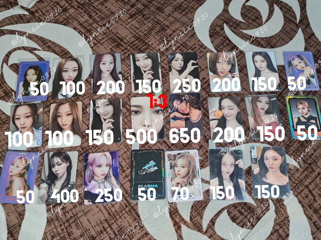 Aespa assorted photocards ph (Category: Raw Singles) located in Manila. Submitted by lynsie0910 (Listing ID 1461075920, Image 1). Description: wts lfb ph #lynsiesells lynsiecart.carrd.co Aespa assorted set pc ph — ₱50-650 — onhand, mint condi x sensi — payo,1 month dop w ndrp dm to claim rfs: duplicates # karina ningning giselle winter aespa girls my world dirty work mise en scene armageddon pc ph.