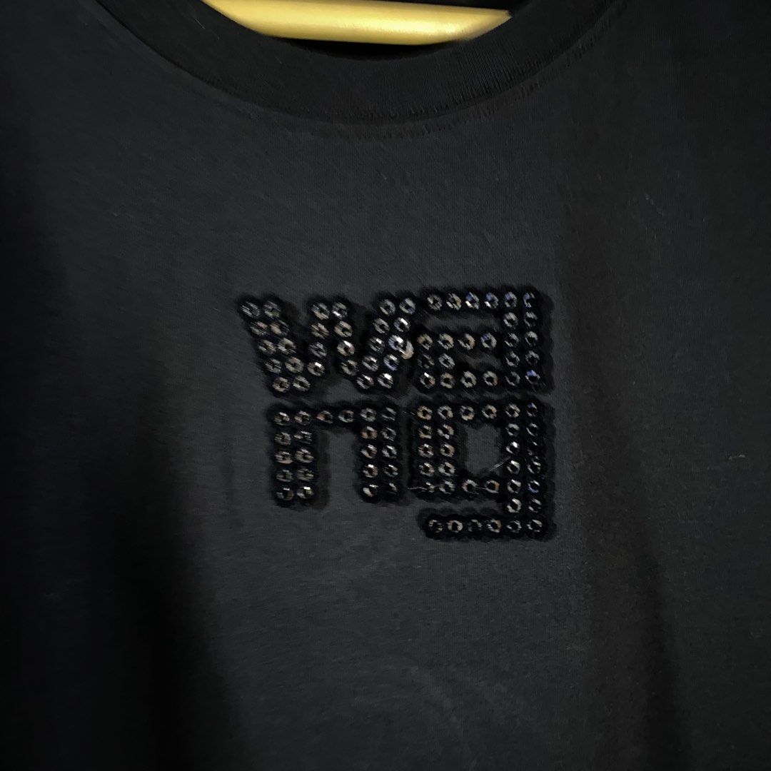 Alexander Wang Sequin Velour Script Shirt for Her (Category: Luxury Apparel) located in Baguio. Submitted by goodfinds2600v2 (Listing ID 1461522452, Image 2). Description: Size on tag: L fits M Dimensions: L-23 W/Bust-18 Description: women, 8/10 color rate Condition: Very good Issue/s: missing necktag .