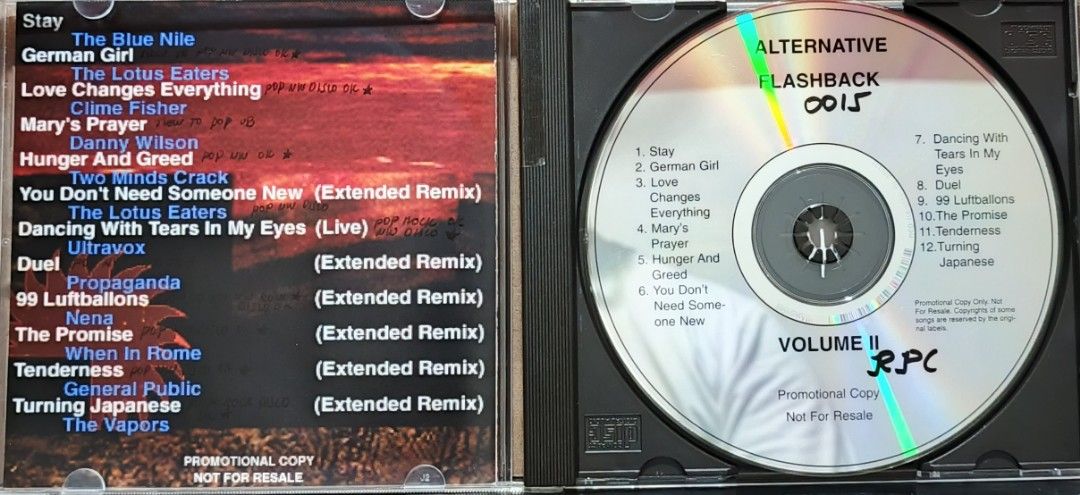 Alternative Flashback Volume II CD Compilation (Category: CDs & DVDs) located in Manila. Submitted by ruelcabrer77078 (Listing ID 1461547245, Image 2). Description: - Alternative Flashback Volume II - Promotional copy, not for resale - Includes extended remixes of popular 90s alternative tracks - Features artists such as The Blue Nile, Ultravox, Propaganda, and more - Ideal for fans of alternative music.