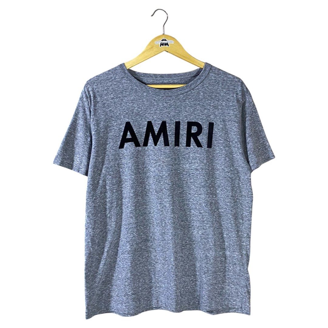 Amiri Heather Gray Velour Script Shirt (Category: Luxury Apparel) located in Baguio. Submitted by goodfinds2600v2 (Listing ID 1461504133, Image 1). Description: Size on tag: fits M-L Dimensions: L-27 W/Bust-21 Description: unisex Condition: Very good Issue/s: missing necktag .