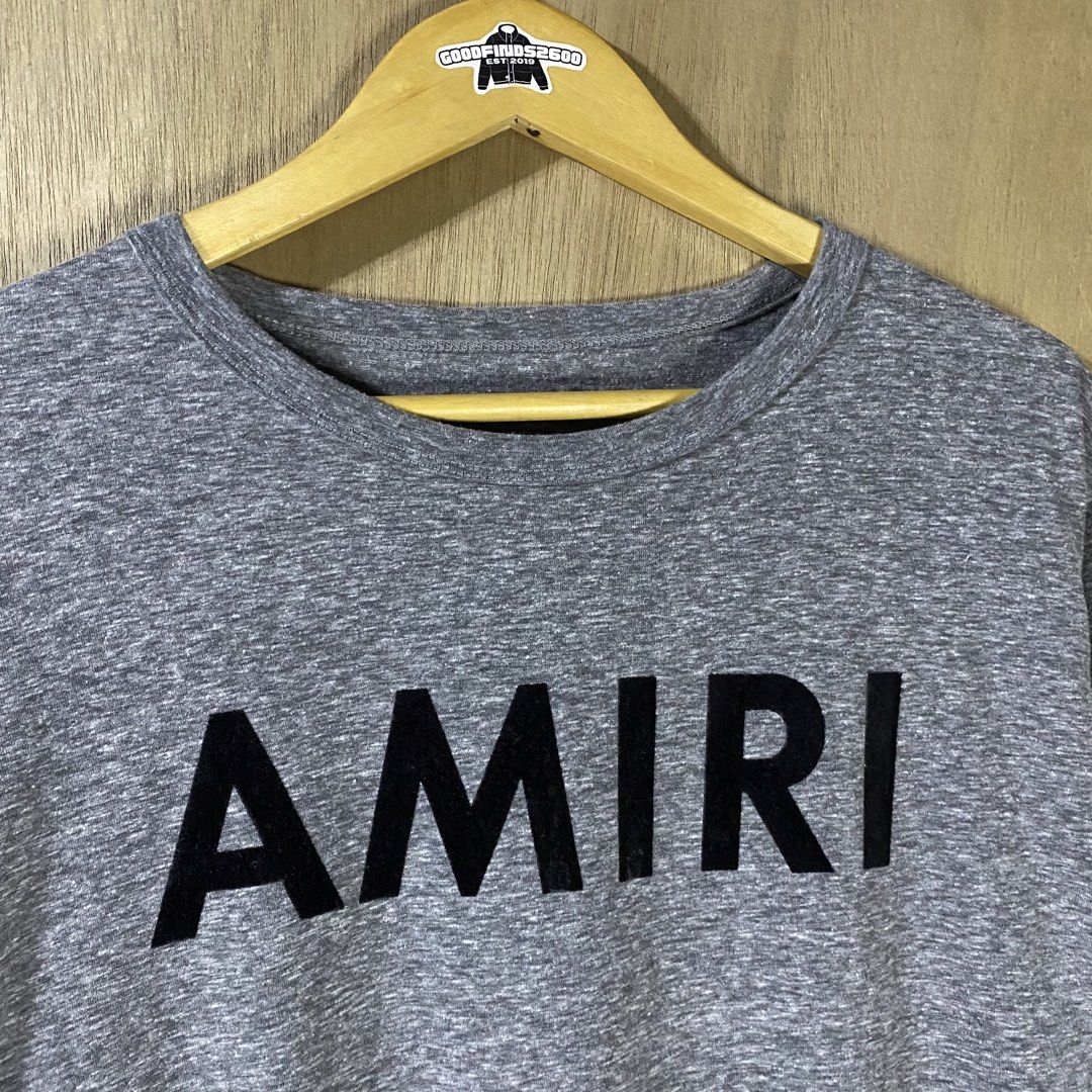 Amiri Heather Gray Velour Script Shirt (Category: Luxury Apparel) located in Baguio. Submitted by goodfinds2600v2 (Listing ID 1461504133, Image 2). Description: Size on tag: fits M-L Dimensions: L-27 W/Bust-21 Description: unisex Condition: Very good Issue/s: missing necktag .