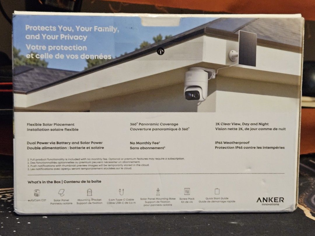 Anker eufyCam C37 w solar panel (Category: Security Systems & CCTV Cameras) located in Manila. Submitted by shopthrifter01 (Listing ID 1461364553, Image 2). Description: FOR SALE: EUFY SECURITY CAM C37 SOLAR 2K (BRAND NEW & SEALED) 📹 Upgrade your home security with 360° pan-tilt tracking and non-stop solar power! 100% Brand New, Unopened, and Factory Sealed in box. (Note: MicroSD card is not included). 🔥 PRICE: ₱4,200 ONLY! * Retail Store / Mal