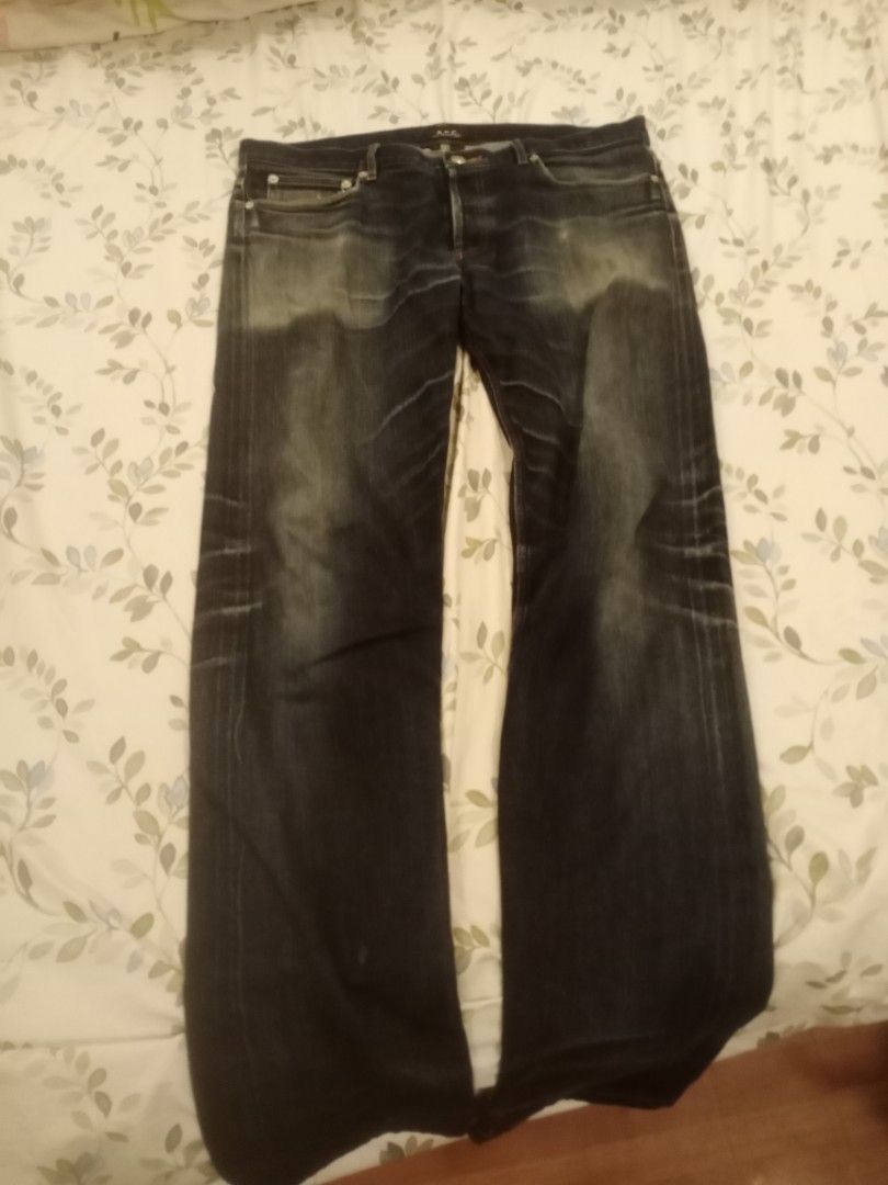 A.P.C. Petit Standard Jeans Size 32 (Category: Jeans) located in Manila. Submitted by thriftnmeal (Listing ID 1461347565, Image 1). Description: - Brand: A.P.C. - Model: Petit Standard - Size: 32 - Color: Dark Wash Denim - Origin: Made in Japan - Condition: Shows some fading and wear on knees and thighs. Small tear on the inside pocket lining. - Ideal for: Everyday wear.
