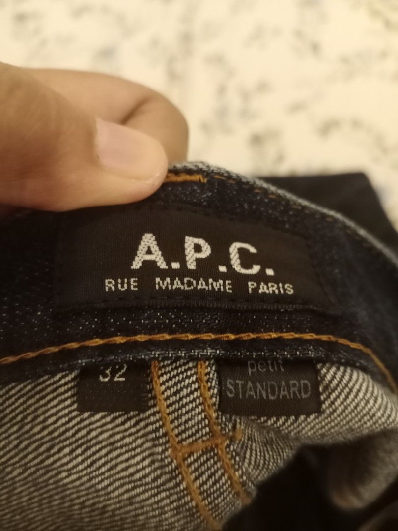 A.P.C. Petit Standard Jeans Size 32 (Category: Jeans) located in Manila. Submitted by thriftnmeal (Listing ID 1461347565, Image 3). Description: - Brand: A.P.C. - Model: Petit Standard - Size: 32 - Color: Dark Wash Denim - Origin: Made in Japan - Condition: Shows some fading and wear on knees and thighs. Small tear on the inside pocket lining. - Ideal for: Everyday wear.
