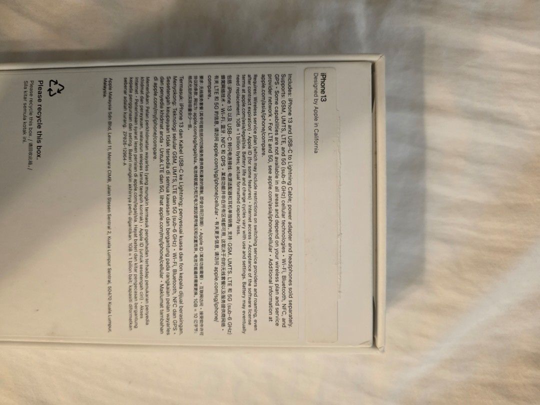Apple iPhone 13 - 23k only (Category: iPhone 13 Series) located in Makati City. Submitted by 444888999 (Listing ID 1461456825, Image 2). Description: - Includes iPhone 13 and USB-C to Lightning Cable - Power adapter and headphones sold separately - Supports GSM, UMTS, LTE, and 5G cellular technologies - Wi-Fi, Bluetooth, NFC, and GPS enabled - Wireless service plan required - Battery life and charge cycles vary; battery may need replacement - 1GB