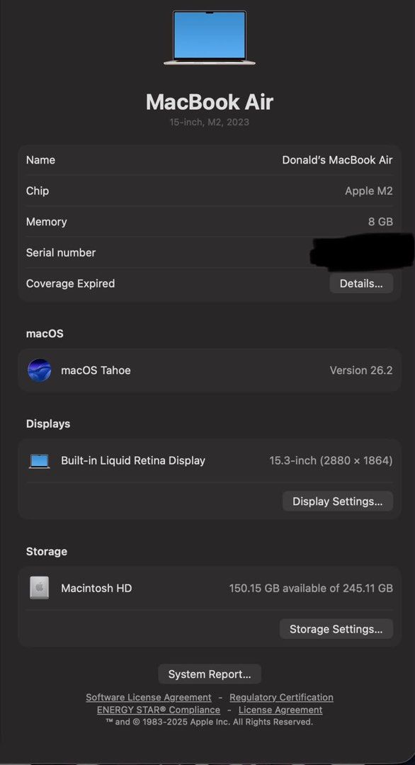 Apple MacBook Air 15-inch M2 2023 (Category: Laptops & Notebooks) located in Calapan. Submitted by gray_rmirz (Listing ID 1461367993, Image 3). Description: * MacBook Air M2 * 15-inch Liquid Retina Display * Apple M2 Chip * 8 GB RAM * 256 GB SSD Storage * macOS Tahoe * Battery Health: 89% * Coverage: Expired Inclusions: * Unit * Original Charger * Original Power Adapter * Free Mouse * Laptop Sleeve Meetup/Pickup: * Meetup at SM North or Trinoma *