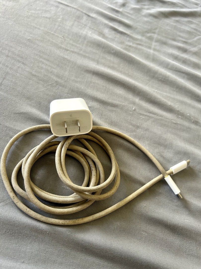 Apple USB C cable 2m Original (Category: Chargers & Cables) located in Pasig City. Submitted by sambunny (Listing ID 1461351795, Image 1). Description: Original Bought from Beyond the box will include 20W adapter for free Pre-loved bawal sa maarte BTB description This 2-meter charge cable is made with a woven design — with USB-C connectors on both ends — and is ideal for charging, syncing, and transferring data between USB-C devices. It supports 