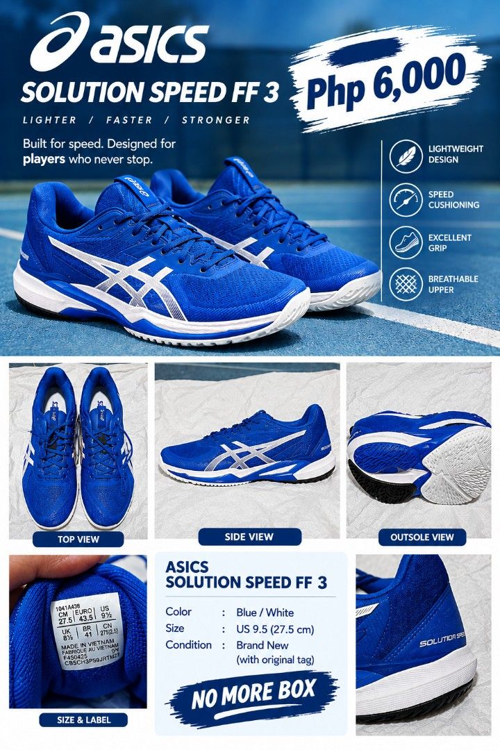 ASICS Solution Speed FF 3 Blue/White Men's Shoes US 9.5 (Category: Sneakers) located in San Juan City. Submitted by taroredbean (Listing ID 1461413656, Image 1). Description: - ASICS Solution Speed FF 3 - Color: Blue/White - Size: US 9.5 (27.5 cm) - Lightweight design for speed - Responsive speed cushioning - Excellent court grip - Breathable upper - Includes original tag - No original box - Ideal for high-performance court play.