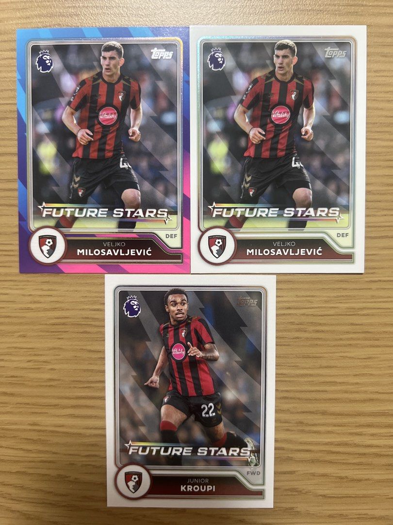 Assorted characters (Category: Raw Cards) located in Singapore. Submitted by wah_zai1990 (Listing ID 1461360521, Image 3). Description: Selling a collection of Topps Premier League Future Stars football cards. Includes players like Jack Fletcher, Shea Lacey, Chris Rigg, Veljko Milosavljevic, Luka Kroupi, Romain Esse, Joel Drakes-Thomas, and Josh King. Great for any collector or fan of these young talents. Grab them all!.
