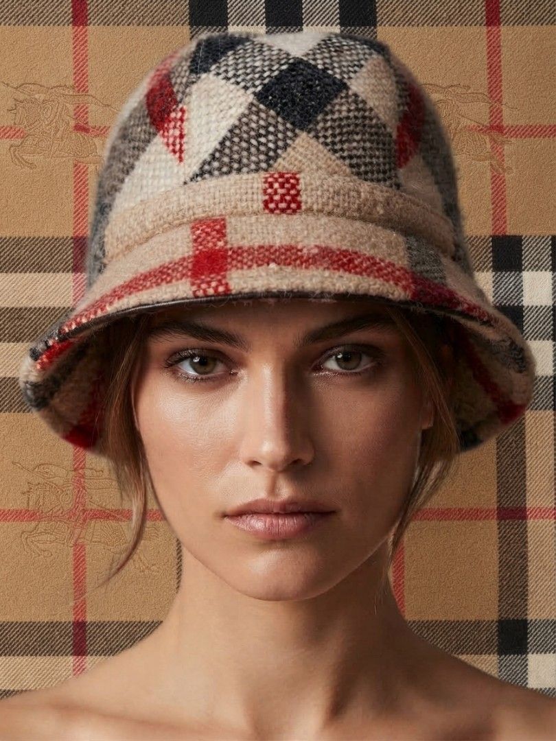 Authentic Burberry Bucket Hat Wool Leather Trim Mega Nova Check Beige Size Medium (Category: Hats & Beanies) located in Binangonan. Submitted by yuristalin888 (Listing ID 1461386812, Image 1). Description: Add a touch of iconic luxury to your casual wardrobe with this Burberry bucket hat. Featuring a classic plaid and checkered pattern in beige, white, charcoal, and red tones, this stylish hat is designed in a size medium. Inside, it is lined wit