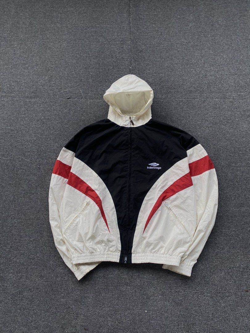 Balenciaga lightweight tracksuit jacket (Category: Coats, Jackets and Outerwear) located in Manila. Submitted by saione (Listing ID 1461334014, Image 1). Description: Balenciaga lightweight tracksuit hooded jacket 26x26 xxxs on tags best fit medium to large 9.5/10 color rate Good condition Issue: Color stain .