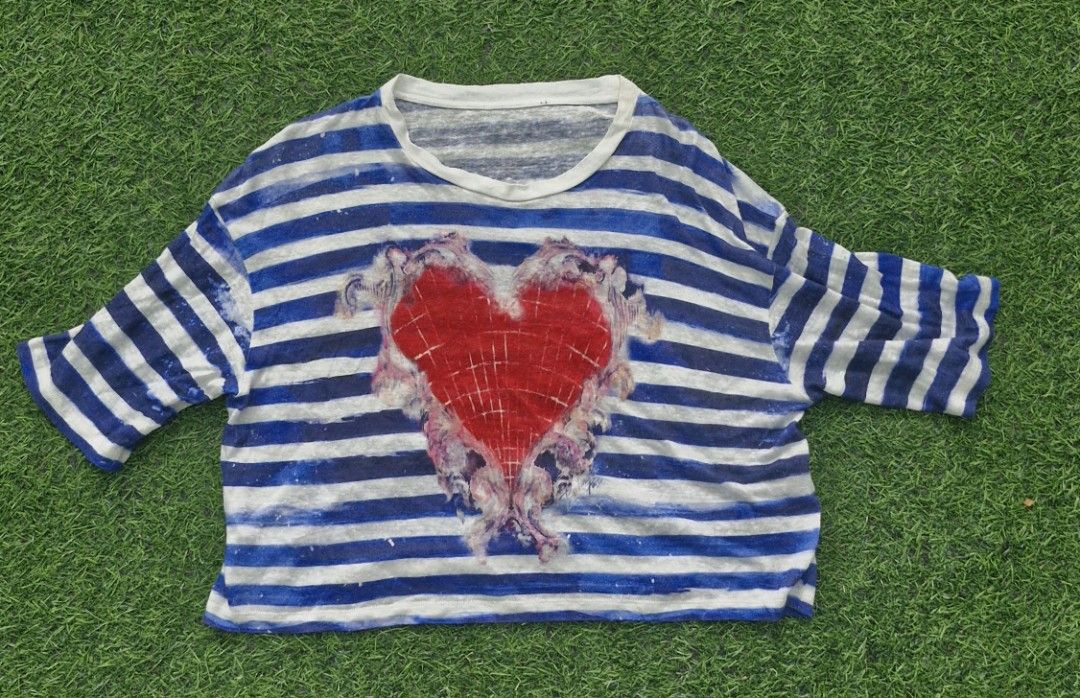 BALMAIN SAMPLE Linen Blend Heart Striped Cropped Top (Category: Others Tops) located in Pili. Submitted by the_g_thrift (Listing ID 1461395564, Image 1). Description: BALMAIN SAMPLE Linen Blend Heart Striped Cropped Top size xs on tag width: 21 length: 19 issue remove neck tag.