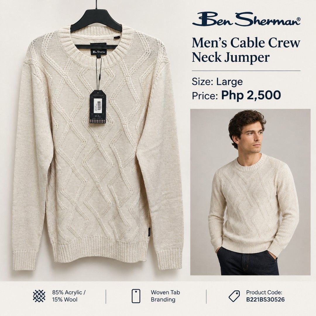 Ben Sherman Men's Cable Crew Neck Jumper - Large (Category: Coats, Jackets and Outerwear) located in San Juan City. Submitted by taroredbean (Listing ID 1461418249, Image 1). Description: - Cream colored Ben Sherman jumper - All-over cable knit pattern - Classic crew neck style - Material: 85% acrylic, 15% wool - Woven brand tab detail - Ideal for layering.