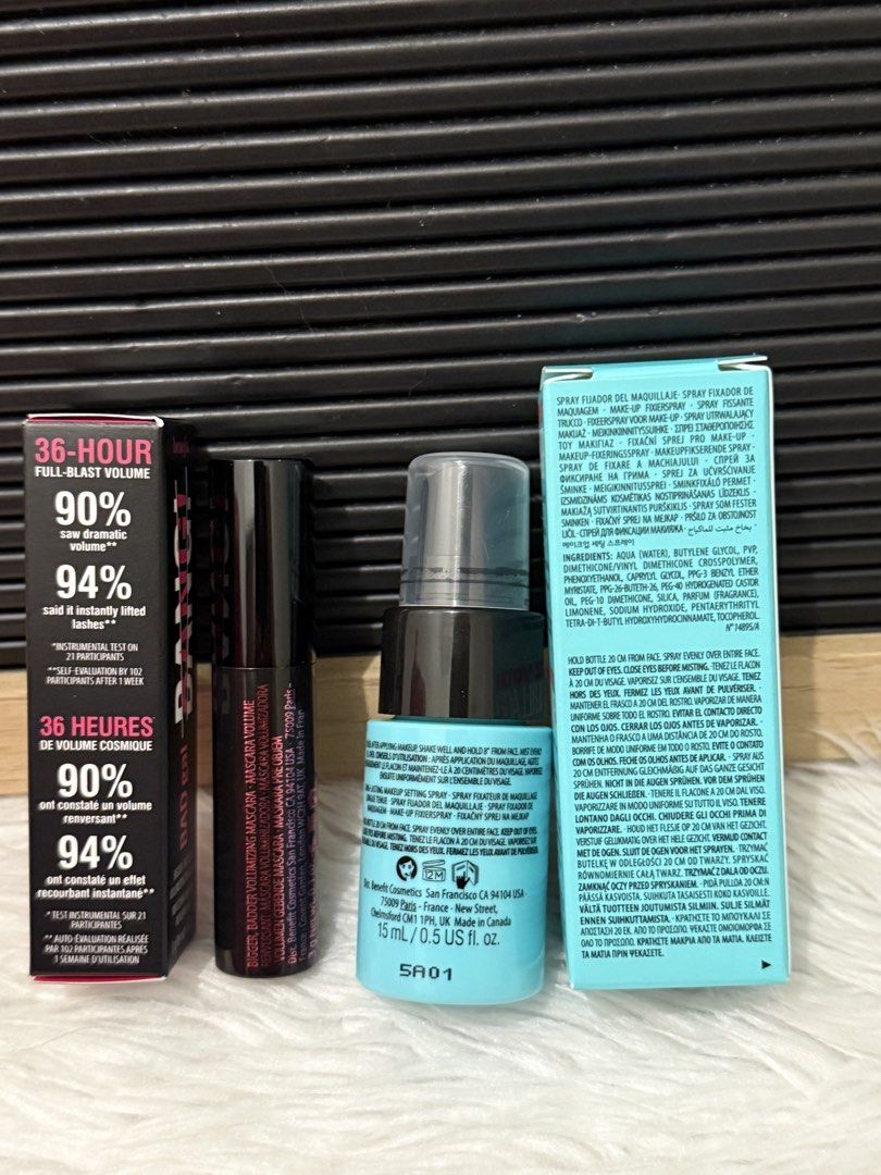 Benefit travel set - mascara and setting spray (Category: Makeup) located in Quezon City. Submitted by quirksandcurls (Listing ID 1461343743, Image 3). Description: 300 each .