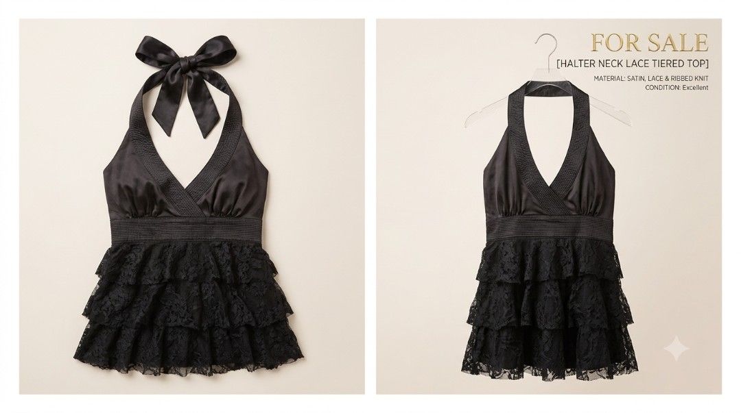 Black Halter Neck Lace Tiered Top (Category: Sleeveless) located in Bulacan. Submitted by ditchandswitch (Listing ID 1461417663, Image 1). Description: - Black halter neck top - Satin front with ribbed knit detail - Tiered lace hem - Ties at the neck with a bow - Ideal for nights out or parties.