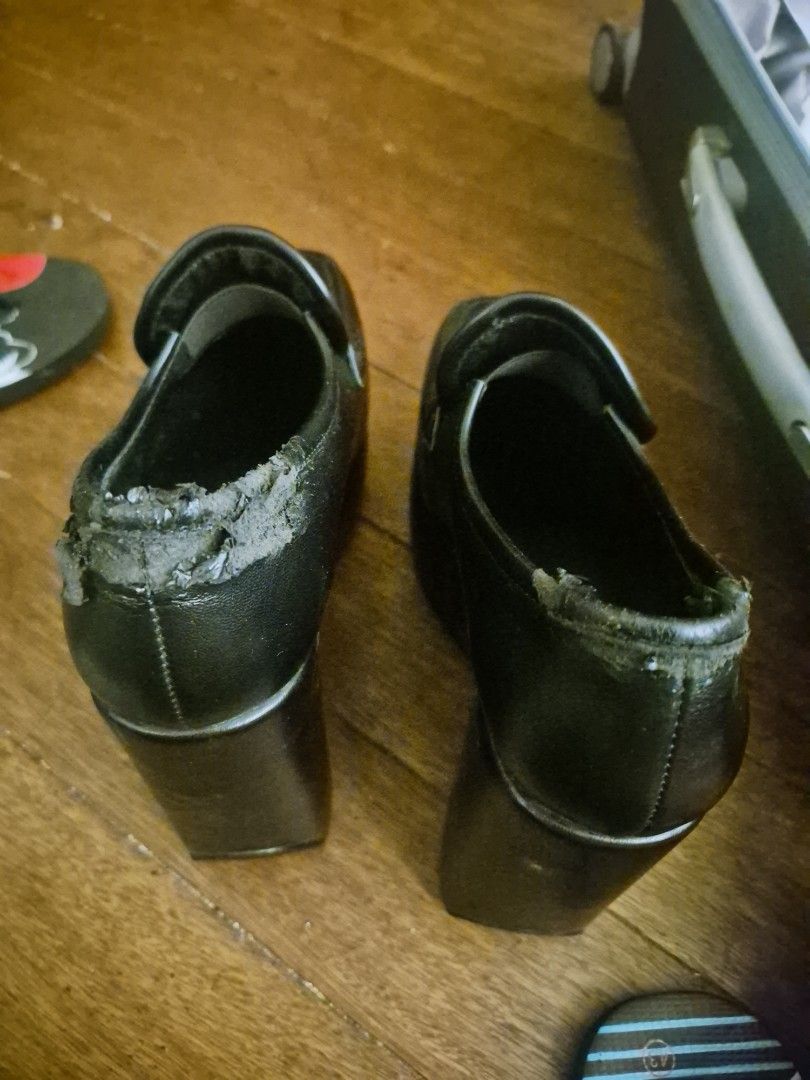 Black Leather Platform Wedge Shoes (Category: Wedges) located in Manila. Submitted by ririmeca (Listing ID 1461348391, Image 2). Description: - Black leather wedge shoes - Square toe design with a strap across the top - Chunky platform wedge heel - Lining around the opening is peeling and worn - Soles are in decent condition - Great for a statement look.