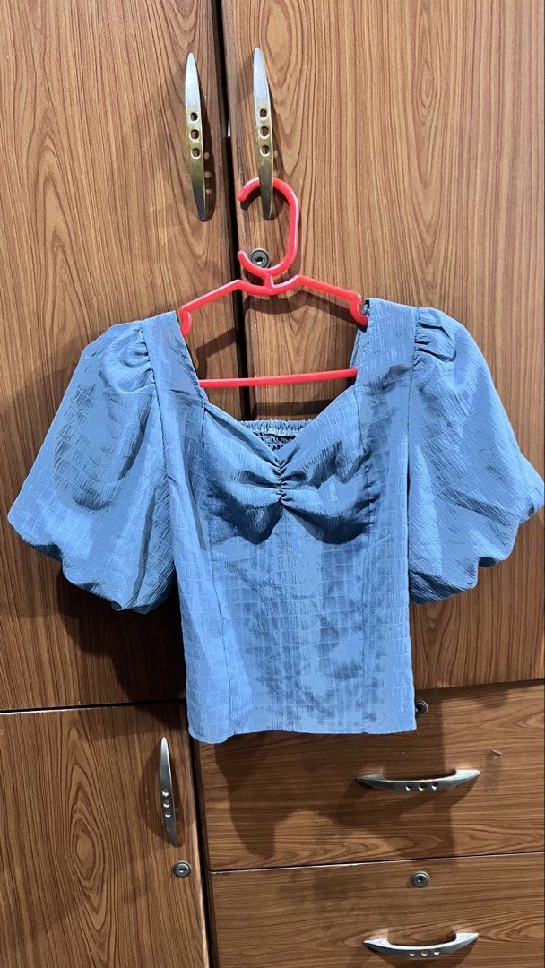 Blue Puff Sleeve Square Neck Top (Category: Blouses) located in Manila. Submitted by ponyows (Listing ID 1461403014, Image 1). Description: mop: gcash/bpi mod:lalamove /j&t location: sampaloc manila no return & refund.