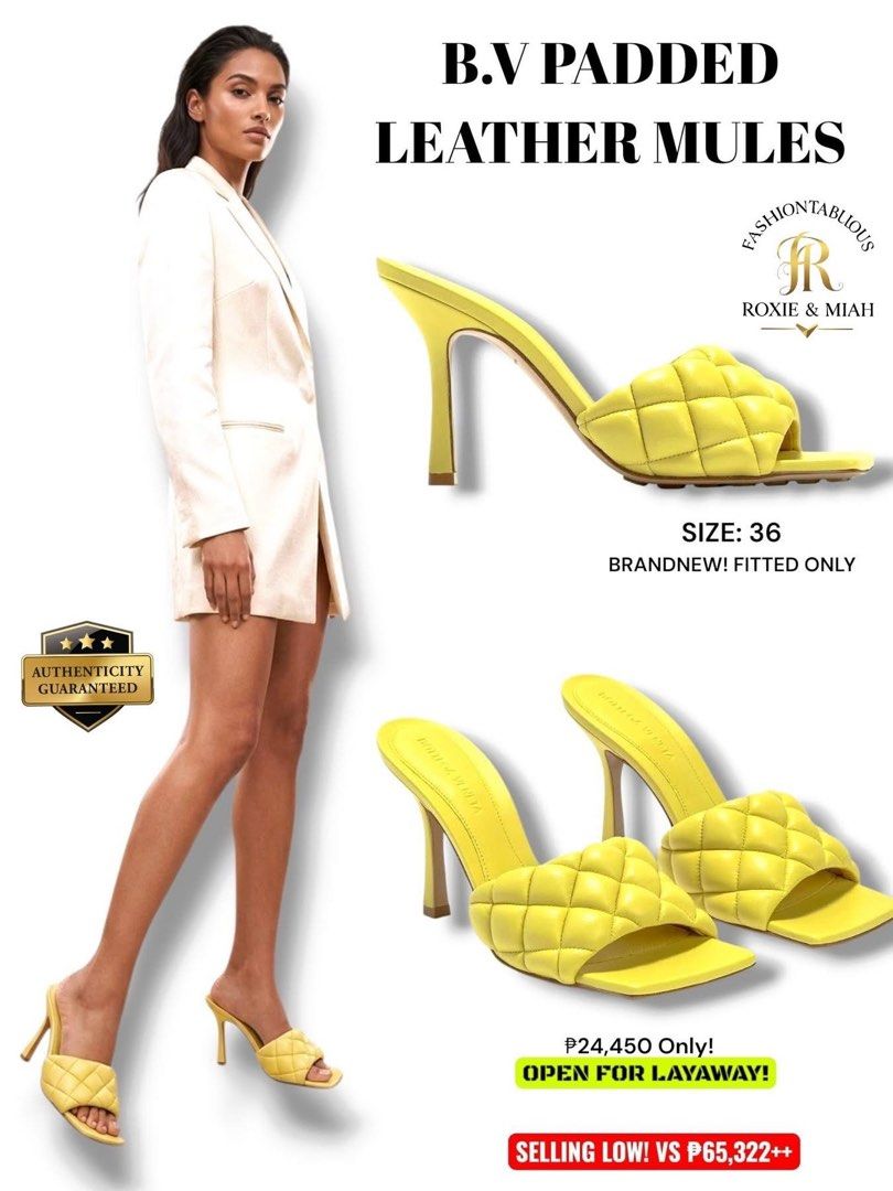 Bottega Veneta Padded Leather Mules (Category: Sneakers & Footwear) located in Mandaluyong City. Submitted by luxprelovedbagsparadise (Listing ID 1461355887, Image 1). Description: 💛 A LITTLE LUXURY, A LOT OF ATTITUDE! 💛 Step into the room like you own it—because these Bottega Veneta Padded Leather Mules are giving “quiet luxury but make it sunny!” ☀️✨ That buttery yellow shade + iconic padded design + elegant stiletto heel? Instant outfit upgr