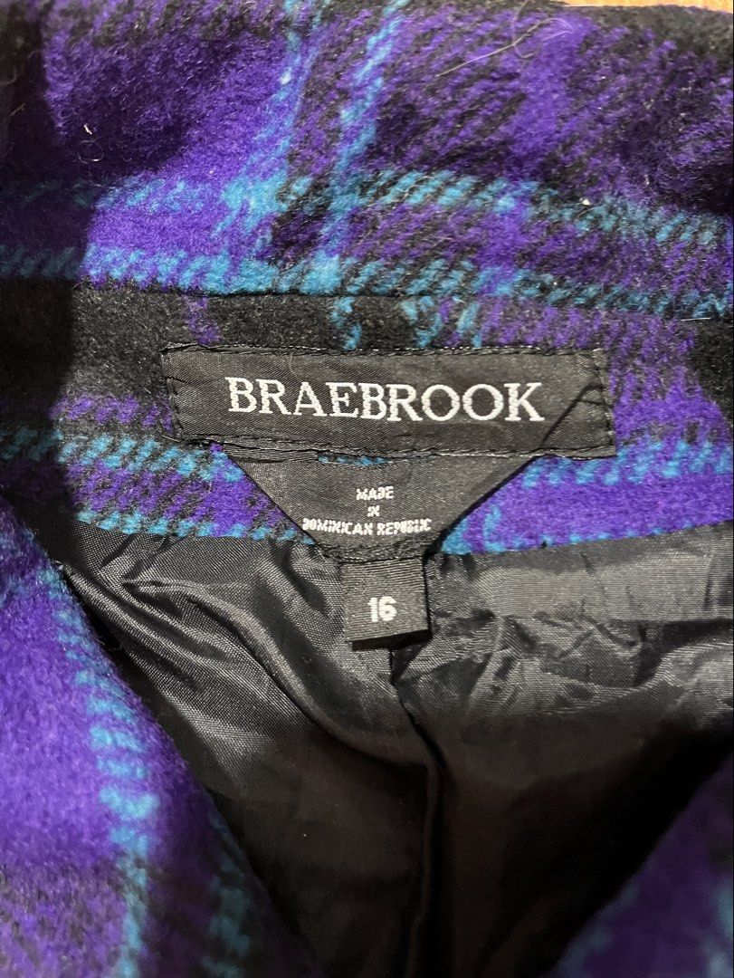 Braebrook full-zip jacket (Category: Coats, Jackets and Outerwear) located in Lucena. Submitted by mjaothrift (Listing ID 1461411287, Image 3). Description: Braebrook purple and black plaid wool zip jacket featuring a collar, full zipper front, and side pockets. Medium to Large Boxy type 23 x 23 inches No issue Need wash .