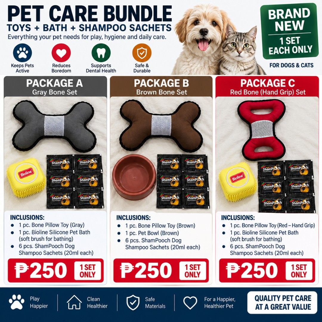 Brand New Pet Care Bundle (Category: Homes & Other Pet Accessories) located in Quezon City. Submitted by shopmycloset_bykvc (Listing ID 1461458872, Image 1). Description: 🐾 Brand New Pet Care Bundle Perfect combination of toy, bath/grooming item & dog shampoo sachets. ✨ Brand new 📦 Packages A, B & C available 💰 ₱250 per set ⚠️ 1 set each only.