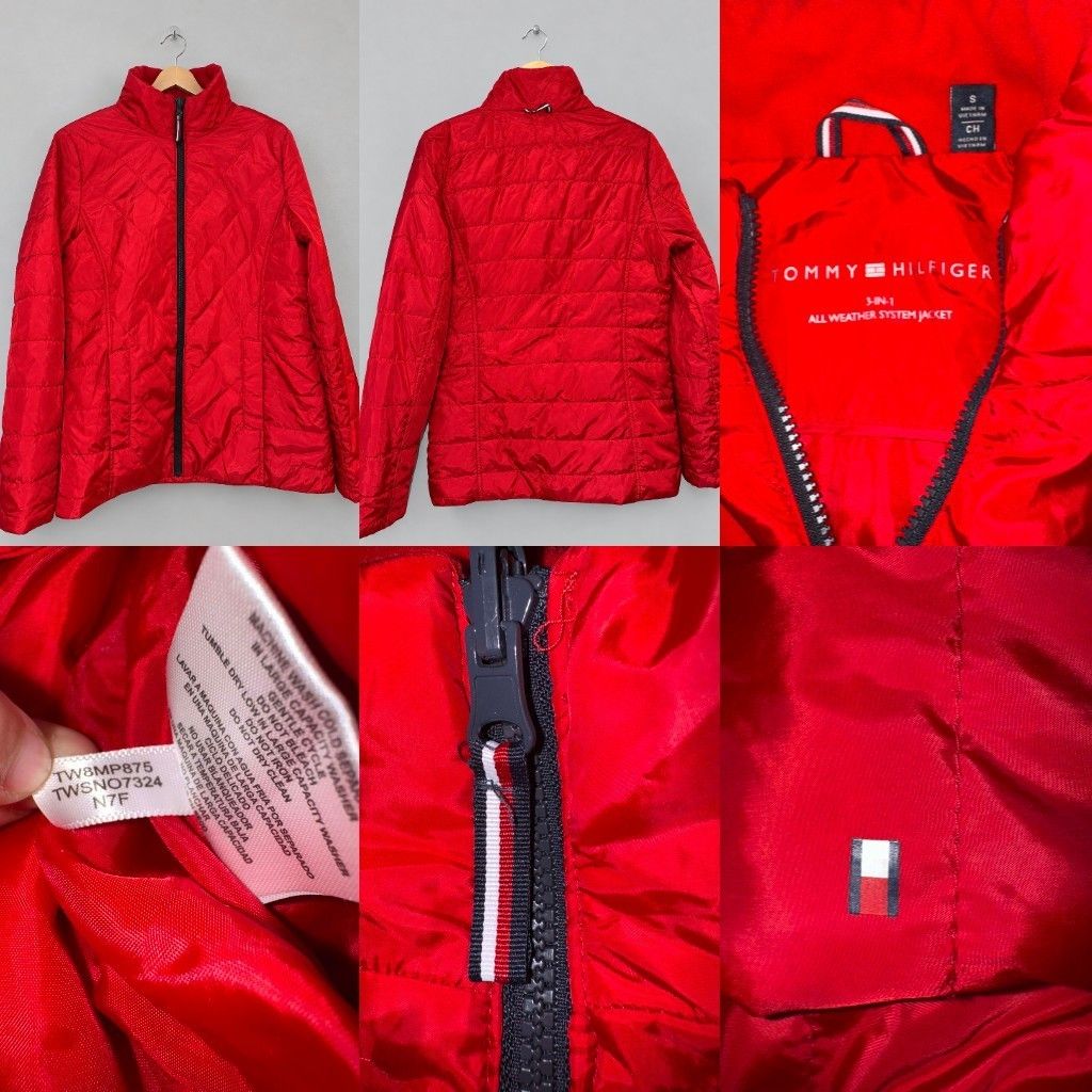 Branded (Category: Coats, Jackets and Outerwear) located in Bulacan. Submitted by ukaybrandedshop (Listing ID 1461370117, Image 1). Description: TOMMY HILFIGER 3-IN-1 ALL WEATHER JACKET ❤️ Size: Small on tag (Best fit Small to Medium) Condition: Excellent / No issue / No flaws Color Rate: 10/10 Sobrang pulang pula pa 🔥 Details: Quilted puffer, Complete tags, Legit PRICE: ₱850 ONLY FIX 💸 (Mall price nyan 5k+) PM lang sa may gusto, first to pay g