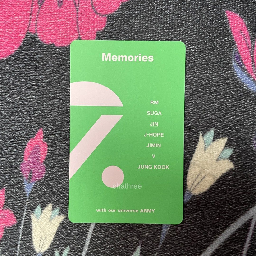 BTS Jin Memories 7 Photocard (Category: K-Wave Merchandise) located in Taguig. Submitted by shathree (Listing ID 1461338848, Image 2). Description: Memories 2020 Bluray RPC Jin - rfs: extra - can send vid condi; very good condition - not from the digicode set!.