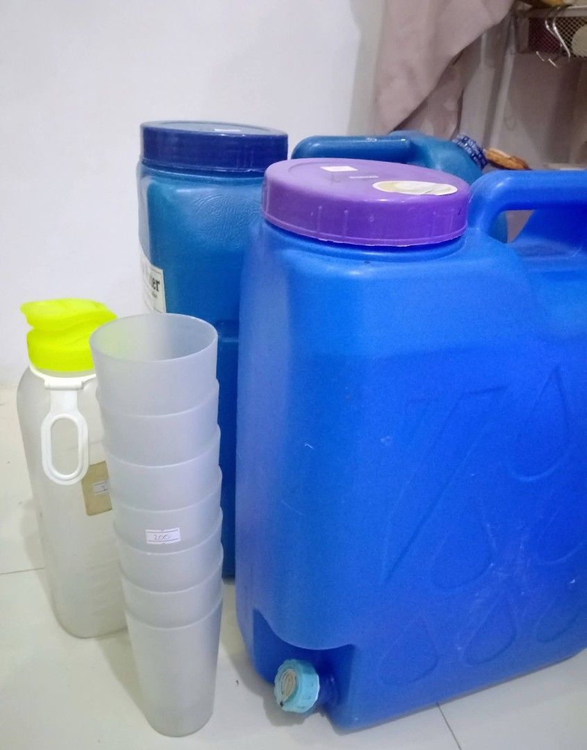 Bundle Deal: Preloved Water Storage & Container Set (Category: Water Bottles & Tumblers) located in Pateros City. Submitted by foryoufindsph (Listing ID 1461344346, Image 2). Description: Bundle Deal: Preloved Water Storage & Container Set ​Includes: 2x Blue Water Jugs/Containers, 1x Portable Water Bottle/Tumbler 2L, Stackable Plastic Frosted Glass (7pcs). Total of 10pc items ​Condition: Preloved, fully functional ​Total SRP Value: ~₱690 ​Bundle 