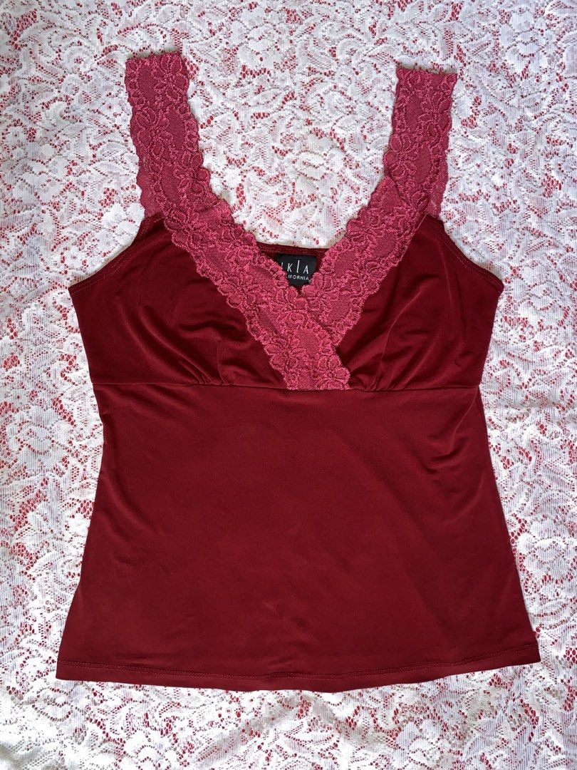 Burgundy Lace Trim Camisole (Category: Sleeveless) located in Cavite. Submitted by keshlcy (Listing ID 1461344646, Image 1). Description: size: can fit to S-L never used stretchable pm for WW.