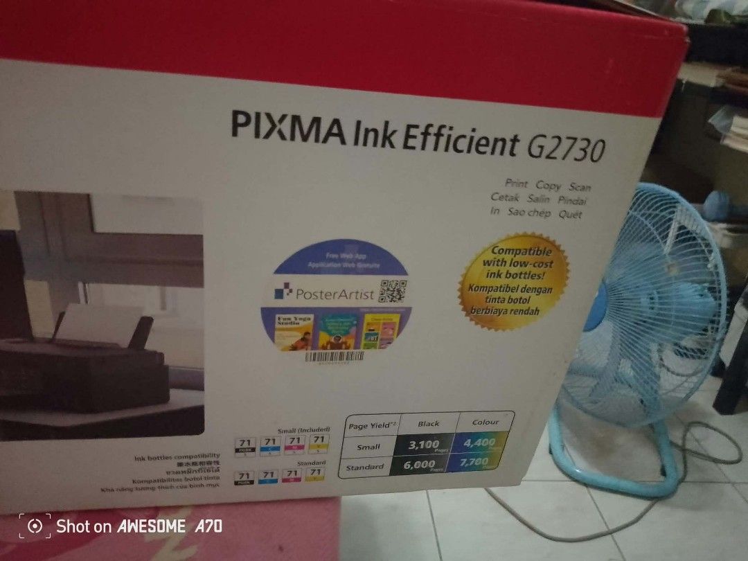 Canon PIXMA Ink Efficient G2730 Printer (Category: Printers, Scanners & Copiers) located in Rizal. Submitted by danicahpangilinan (Listing ID 1461453177, Image 1). Description: Canon PIXMA Ink Efficient G2730 - Functions: Print, Copy, Scan -Used for 2 months only - Compatible with low-cost ink bottles - High Page Yield: Up to 3,100/6,000 pages (Black), 4,400/7,700 pages (Color) - Includes free web app - Comes with PosterArtist software.