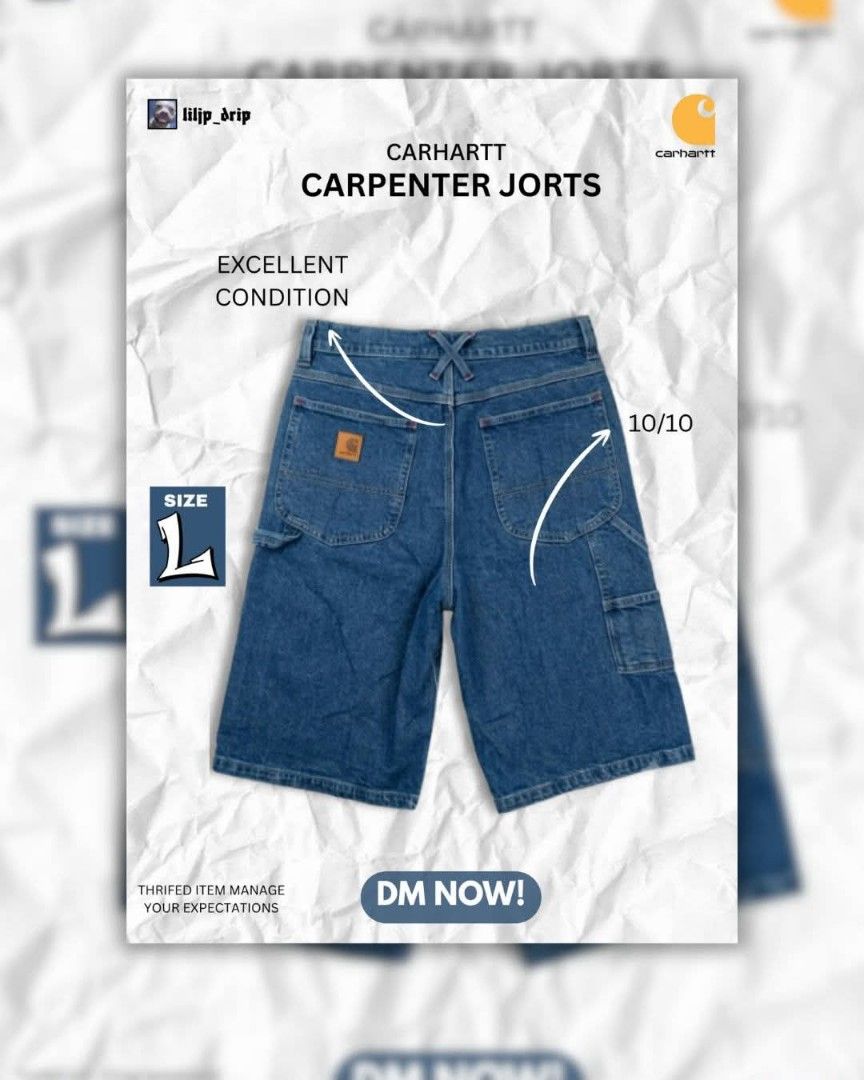 Carhartt Carpenter Jorts Size L (Category: Shorts) located in Caloocan City. Submitted by jaypee_drip15 (Listing ID 1461372899, Image 1). Description: - Carhartt Carpenter Jorts - Size: L - Color: Classic Denim Blue - Condition: 10/10 (Excellent) - Style: Perfect for everyday wear - Note: Thrifited item, manage expectations. - DM to purchase!.
