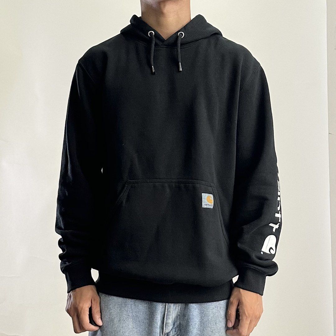 Carhartt Script Hoodie Jacket in Black (Size Small) (Category: Hoodies) located in Batangas. Submitted by ukaysalakayyy (Listing ID 1461409277, Image 2). Description: Condition: Excellent as new! Color rate: 10/10 Size: Small.