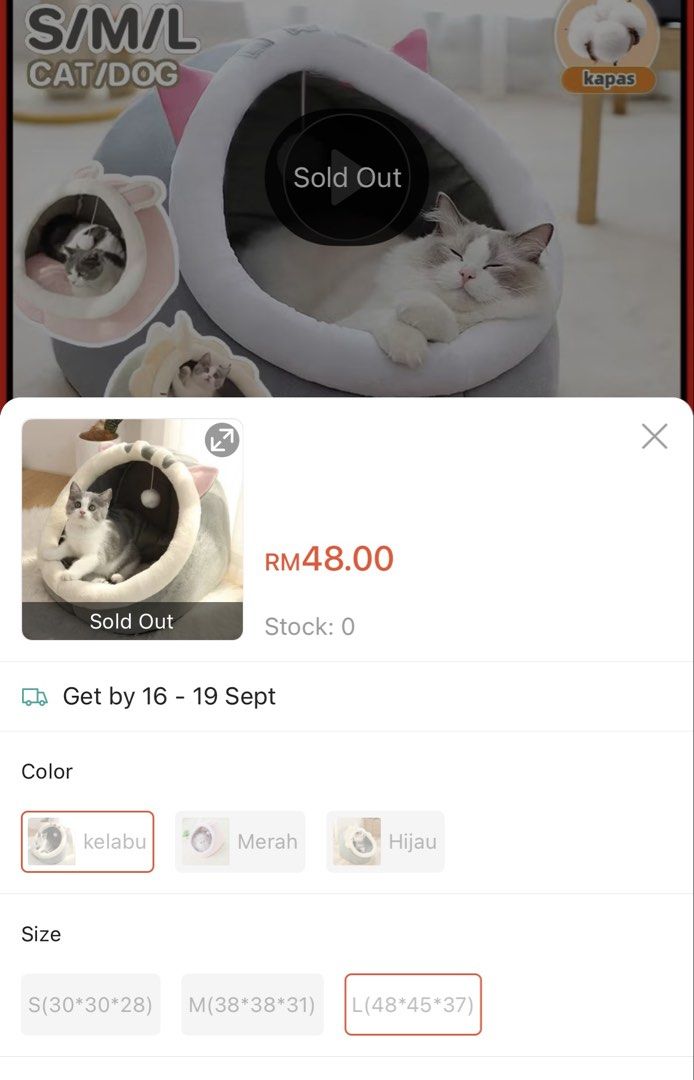 Cat bed foldable (Category: Homes & Other Pet Accessories) located in Kuala Lumpur. Submitted by project_by_me99 (Listing ID 1461423021, Image 2). Description: L size Condition like new.