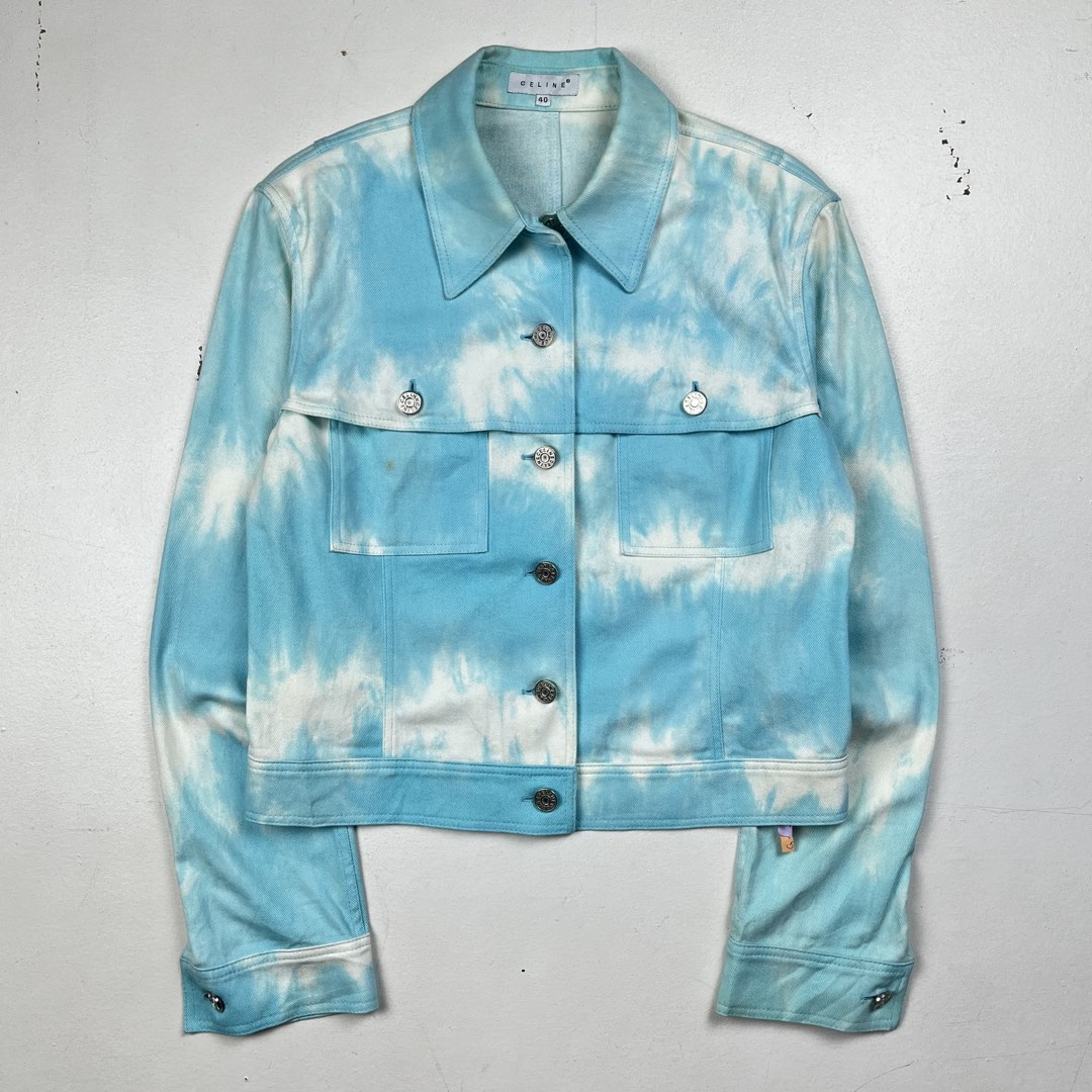 Celine by Michael Kors SS2000 Runway Cloud Tie-Dye Cropped Jacket (Category: Luxury Apparel) located in Quezon City. Submitted by forgarments (Listing ID 1461529466, Image 2). Description: Celine by Michael Kors SS2000 Runway Cloud Tie-Dye Cropped Jacket Excellent Condition - minor stains (Free dry clean) Size: 40 Shoulder: 17 inches Chest width: 19 inches Sleeve: 24 inches Length: 21.5 inches An archival piece from Michael Kors’ Spring/Summer 20