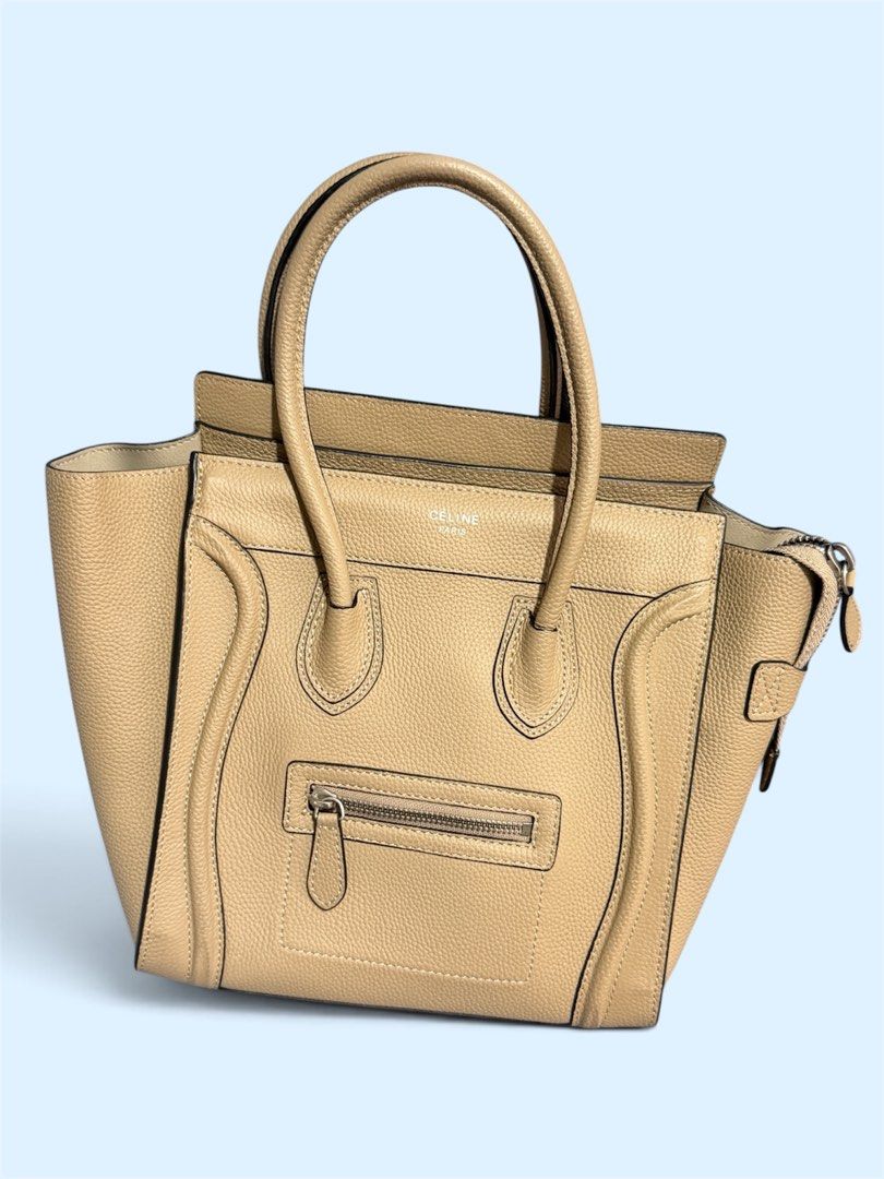 Celine micro Luggage Tote Bag Beige Leather (Category: Luxury Bags & Wallets) located in Quezon City. Submitted by MissusB (Listing ID 1461426789, Image 1). Description: Bought from japan items seller. Self authenticate - Celine Micro Luggage tote - Color: Beige - Material: Pebbled leather - Made in Italy - Features: Front zip pocket, top handles, interior zip and slip pockets - Dimensions: Approx. 10" W x 10"H x 5"D - Includes: Dust bag Slightly